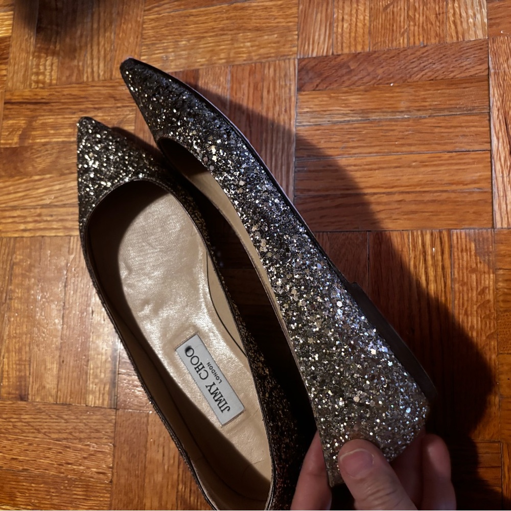 Jimmy Choo Silver Glitter Flats - Picture 2 of 8
